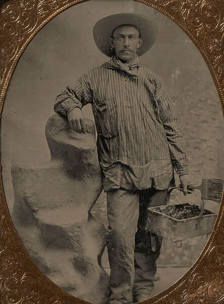 Workman Holding Brush and Rectangular Tray, Arm Resting on Fake Rock, 1860s-80s