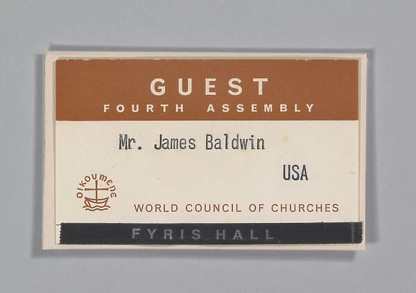 World Council of Churches guest badge for James Baldwin, July 1968. Creator: Unknown