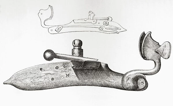 17Th Century Matchlock. Mechanism Or Lock Used For Firing A Handheld Firearm. From The British Army: Its Origins, Progress And Equipment, Published 1868