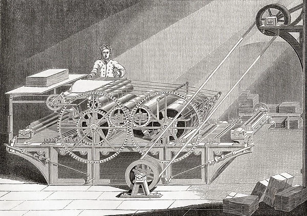 A 19th century steam printing machine. From Old England: A Pictorial Museum, published 1847