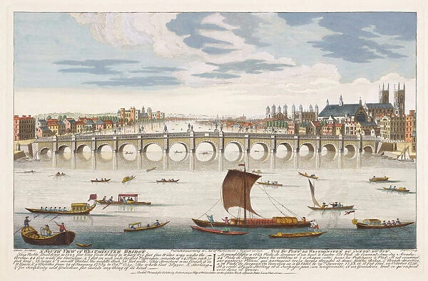 'A South View of Westminster Bridge'. After a print dated 1751. Hand coloured. Westminster Abbey behind the bridge on the right