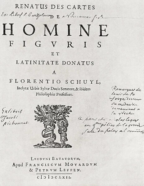 Annotated title page of the first edition of Descartes De homine, 1662, which contains the passages on reflex action, reciprocal innervation and the pineal gland as the seat of the soul. Rene Descartes, 1596 - 1650. French philosopher, mathematician, and scientist. From Selected Readings in the History of Physiology, published 1930