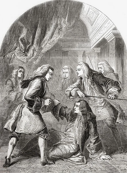 The attempted assassination of Robert Harley with the Bandbox Plot, he received a hat-box containg loaded pistols to be triggered by a thread. Robert Harley, 1st Earl of Oxford and Earl Mortimer, 1661 - 1724. English and later British statesman. From Cassells Illustrated History of England, published c. 1890