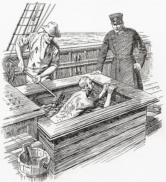 The Brine Bath on board a prison hulk in the early 19th century. The brine bath aka coffin bath was where the prisoners were put after being flogged, their backs were scubbed with salt water causing dreadful suffering. From The Martyrs of Tolpuddle, published 1934