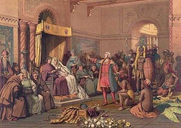 Christopher Columbus In The Barcelona Court Of King Ferdinand And Queen Isabella Of Spain In 1493 After Returning From His First Voyage To The New World. After An Artwork Of The 1890 s