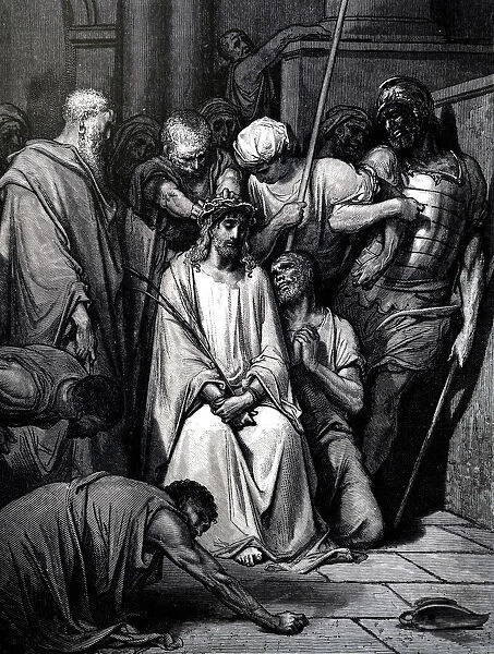 Engraving depicting Jesus Christ being mocked as the crown of thorns is placed upon his head