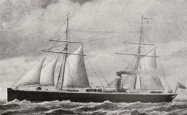 One of the first Atlantic twin-screw steamers. A twin-screw steamer (or steamship) is a steam-powered vessel propelled by two screw propellers, one on either side of the plane of the keel. From The Book of Ships, published c. 1920