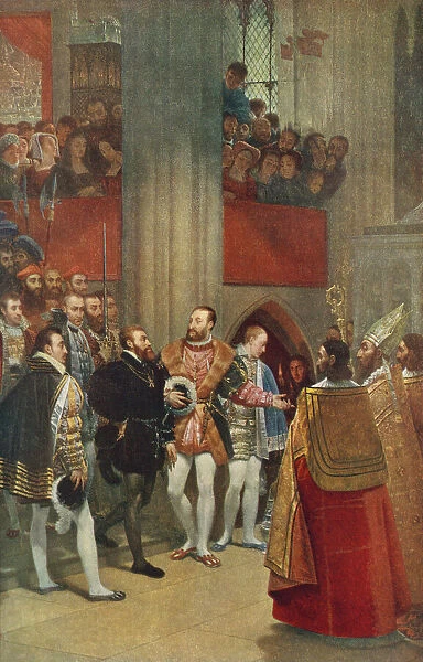 Francis I and Charles V visiting the tombs of St. Denis, Paris, France, after the painting by Antoine-Jean Gros. Francis I, 1494 - 1547. King of France. Charles V, 1500 -1558. Holy Roman Emperor, Archduke of Austria and King of Spain. From Britain and Her Neighbours, 1485 - 1688, published 1923