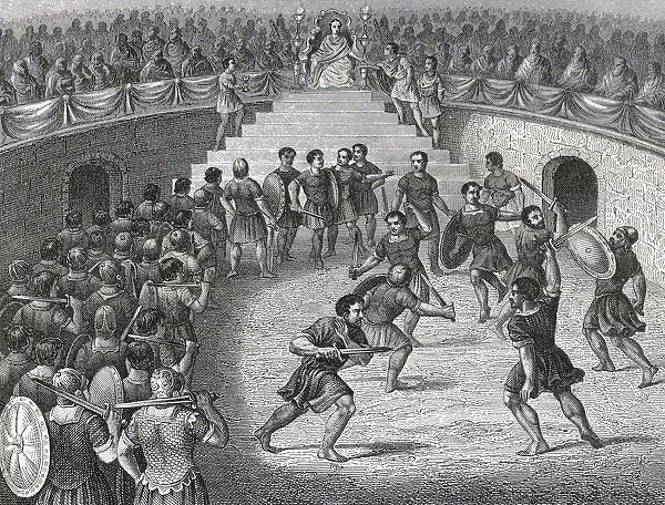 Gladiators Fighting In The Ring In Ancient Rome. From A 19Th Century Engraving