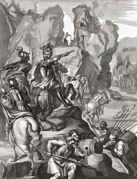Hannibal and his army crossing the Alps in 218 BC during the Second Punic War. The men pouring liquid from barrels (top and bottom of picture) recreate a part of Livys account of the march in which Hannibal used vinegar and fire to break through a rockfall. After a 17th century engraving by Antony van der Does