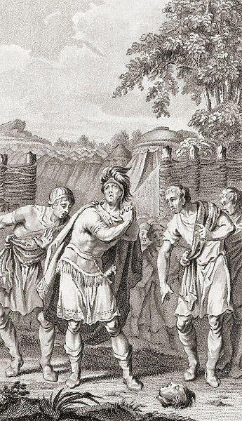 Hannibal weeps when he sees the head of his brother Hasdrubal. Hasdrubals Carthaginian army had been defeated by Roman consuls Marcus Livius and Gaius Claudius Nero at the Battle of the Metaurus, 207 BC, during the Second Punic War. Claudius Nero had Hasdrubals corpse beheaded and the head thrown into the Carthaginian camp