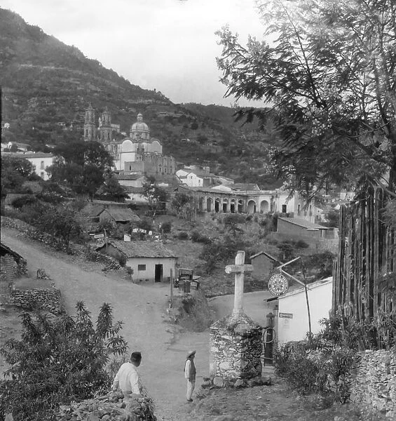 Historic image in black and white of a church in the town of Taxco, Mexico, circa 1920; Taxco, Guerrero, Mexico