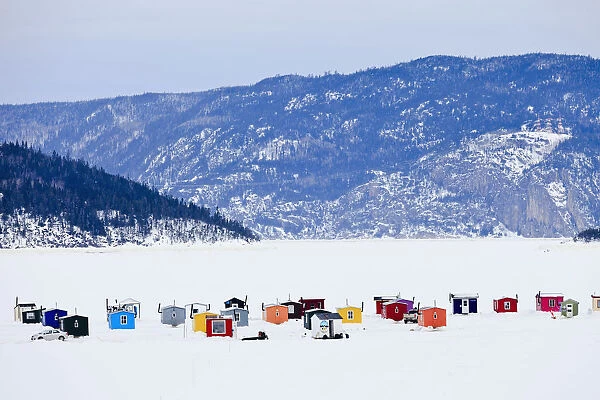 Ice Fishing Huts On Saguenay River; Saguenay Lac-Saint-Jean Quebec Canada