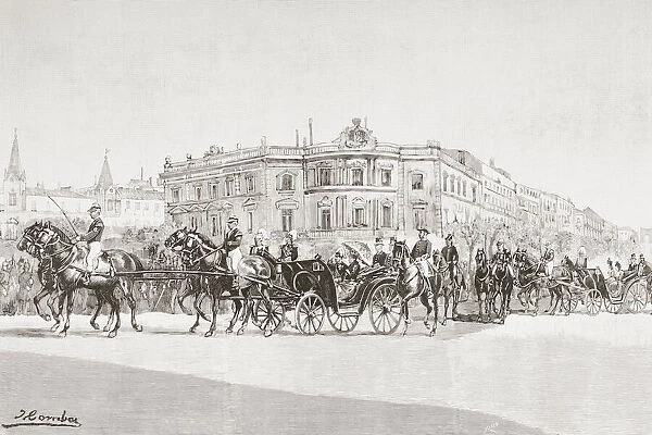 King Luis I of Portugal and his wife Maria Pia of Savoy, during their visit to Madrid, Spain in 1887. From La Ilustracion Artistica, published 1887