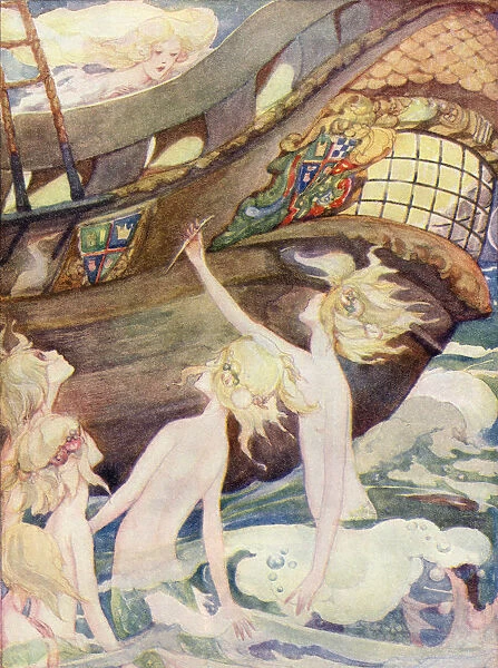 The Little Mermaid, Illustration From The Golden Wonder Book Published 1934. She Saw Her Sisters Rise Out Of The Sea, Handing Her A Penknife With Which They Told Her To Kill The Prince