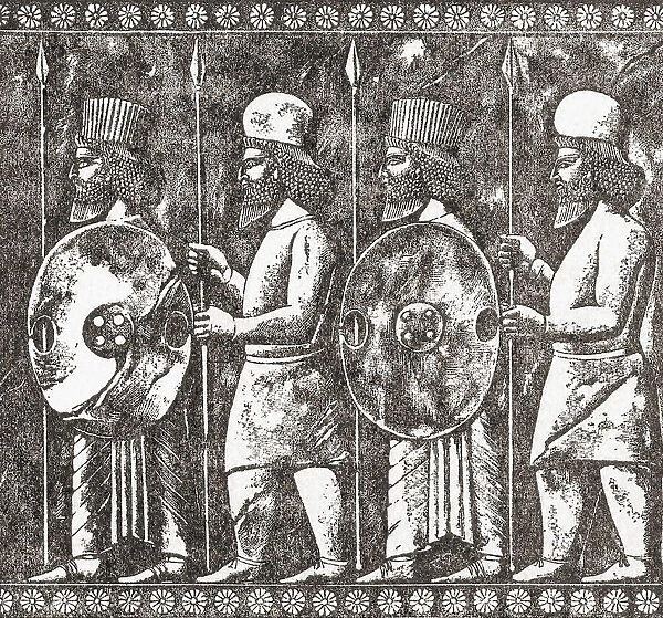 Median and Persian foot-soldiers. The Medes were a Mesoptamian people who after their tribes formed the Median Kingdom became Neo-Assyrian vassals. Through various alliances they subsequently destroyed the Neo-Assyrian Empire and they and their allies became the dominant force in Mesopotamia as the Median Empire. After an illustration by an unidentified 19th century artist; Illustration