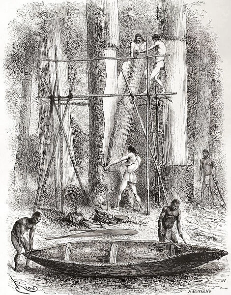 Native Indians Building A Canoe On The Banks Of The Oyapock Or Oiapoque River, South America, In The 19th Century. From Am