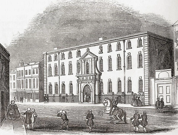 The Old South Sea House, on the corner of Bishopsgate Street and Threadneedle Street, City of London, England. Seen here in 1754, the building was the headquarters of the South Sea Company and was burned down in 1826. From Old England, A Pictorial Museum, published 1847