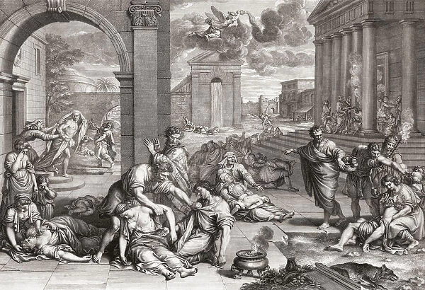 The Plague. The Black Death. Imaginary city ravaged by the disease. After an 17th century engraving by Gerard Audran based on an earlier work by Pierre Mignard