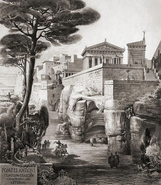 Pompeii, Italy. A 19th century reconstruction of how the south side of Pompeii, with the Greek temple on the Triangular Forum may have looked. After a 19th century work by artist Carl Weichardt