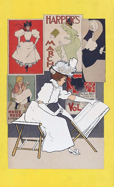 A poster from 1897 showing a woman looking at prints in an art shop. By Belgian graphic artist Armand Rassenfosse, 1862-1934