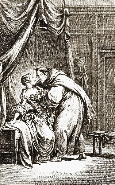 Priest Accosts Woman, From An 18Th Century Print. From The Book ErzAÔé¼hlungen, Ins Deutsche bertragen V. Theodor Etzel By Jean De Lafontaine (1021-1695) Published 1923