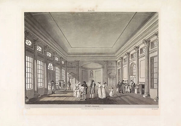 The Pump Room. After an engraving dated 1804. Later colourization. The building in the Abbey Church Yard in Bath, England still serves refreshments, as is shown in this early 19th century art work