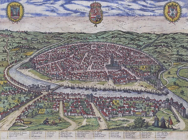 Seville, Andalusia, Spain. From Part IV of Braun & Hogenbergs atlas of cities, Civitates Orbis Terrarum, or Cities of the World. Part IVs title was Urbium praecipuarum totius mundi - liber quartus, and was first published in 1588