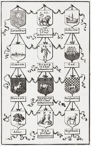 Shields of the twelve tribes of Israel, from a work published by Pieter Mortier in Amsterdam, 1705