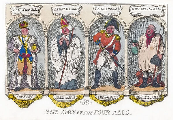 The Sign of the Four Alls. Satirical work by Thomas Rowlandson, circa 1810, commenting on the four estates of England: the crown, the clergy, the military and the common man - whose taxes support the first three