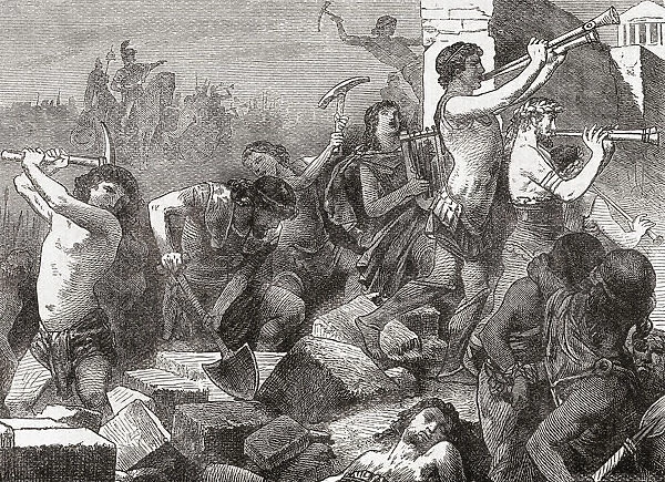 Spartan admiral Lysander demolishing the walls of Athens, Greece, after the Battle of Aegospotami, 404 BC. A Popular History of Greece, published 1887