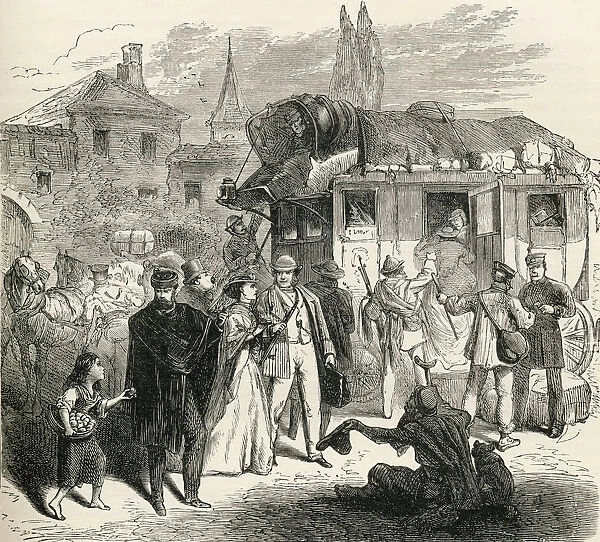 Travelers Waiting To Board A Stagecoach In The 19Th Century. From French Pictures By The Rev. Samuel G. Green, Published 1878