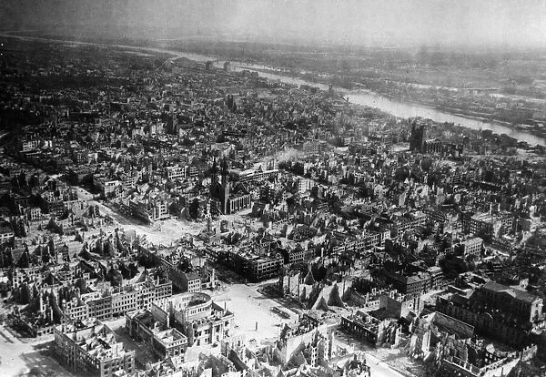 Aerial view of the devastated town of Magdeburg, situated on the Elbe river in
