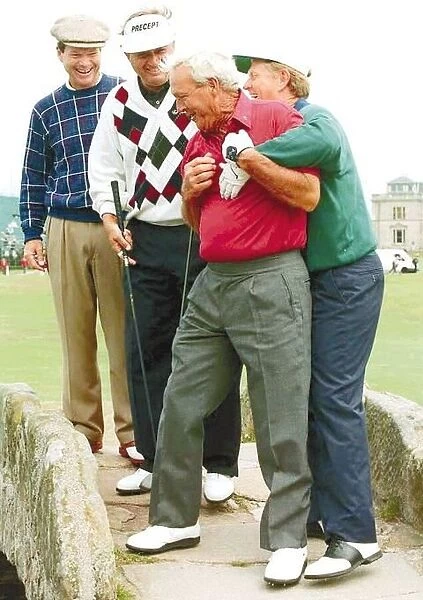 Arnold Palmer jokes with Tom Watson Jack Nicklaus Raymond Floyd bridge St Andrews