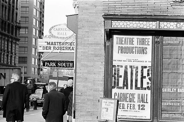 Beatles poster outside Carnegie Hall in New York USA. 5th February 1964