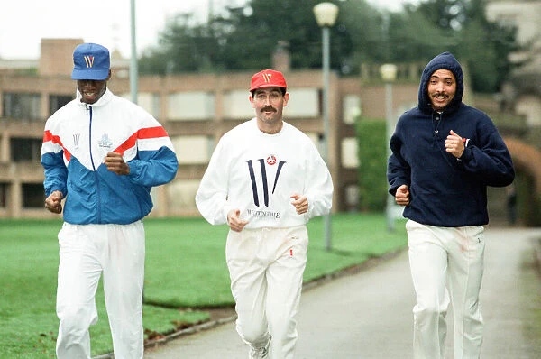 England cricketers Chris Lewis, Graham Gooch and Phil DeFreitas training