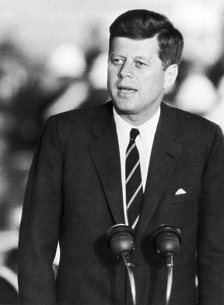 US President John F Kennedy speaking at London airport at start of state visit to