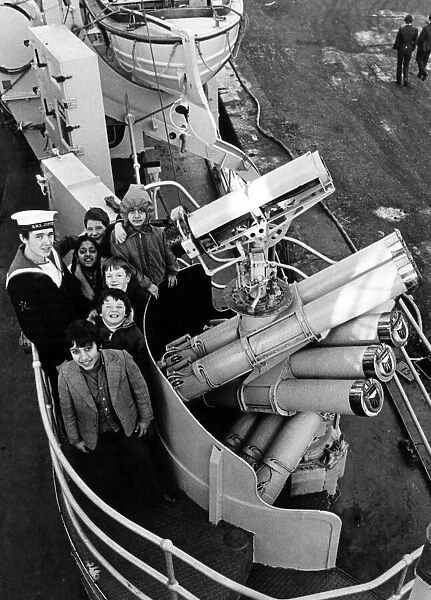 School children visiting HMS Jupiter, berthed in the docks of her adopted home port