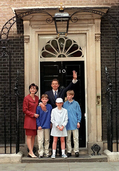 Tony Blair and Cherie Blair with family outside Downing St 1997 after the Labour Party