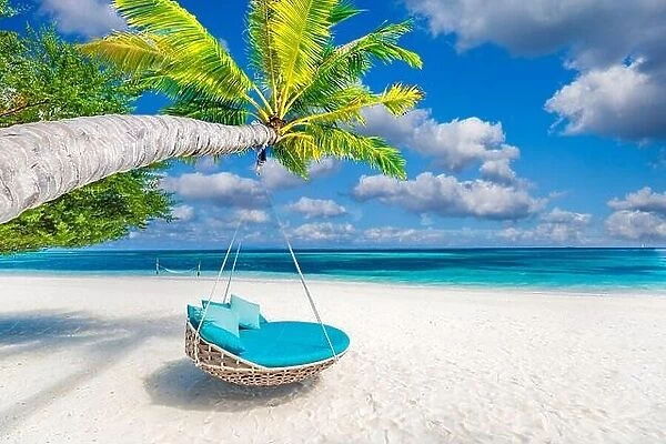 Tropical island beach, luxury summer landscape beach swing or hammock on palm tree with white sand calm seaside for beach banner. Amazing scenic beach