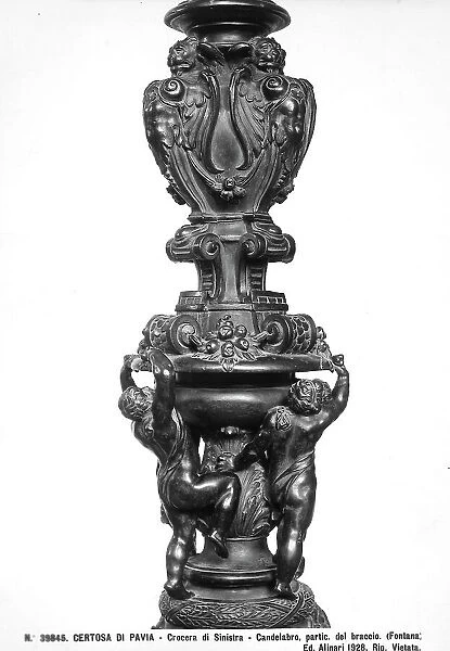 Bronze candelabrum by Annibale Fontana: detail of the arm. Work in the left transept of the Church of the Certosa in Pavia