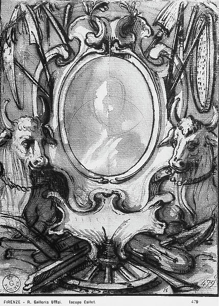 Cartouche flanked by two oxen. Drawing by Jacques Callot, in the Gabinetto dei Disegni e delle Stampe, at the Uffizi Gallery in Florence
