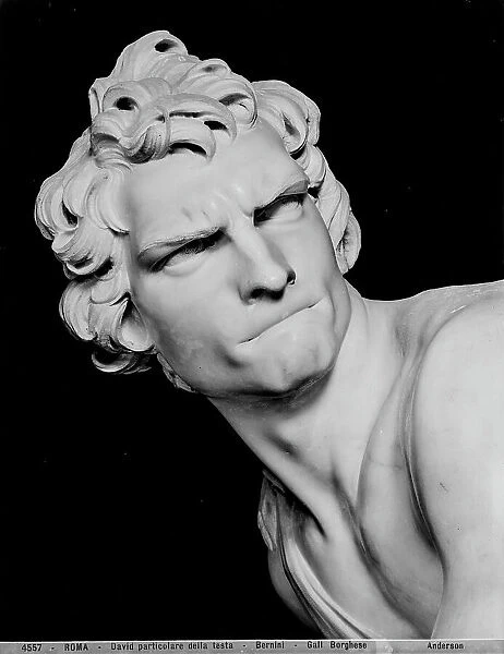 David about to release his sling, head detail. Sculpted by Gian Lorenzo Bernini, it is preserved in the Borghese Gallery, Rome