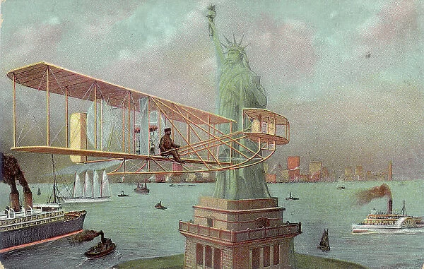 Drawing depicting an airplane flying near the Statue of Liberty