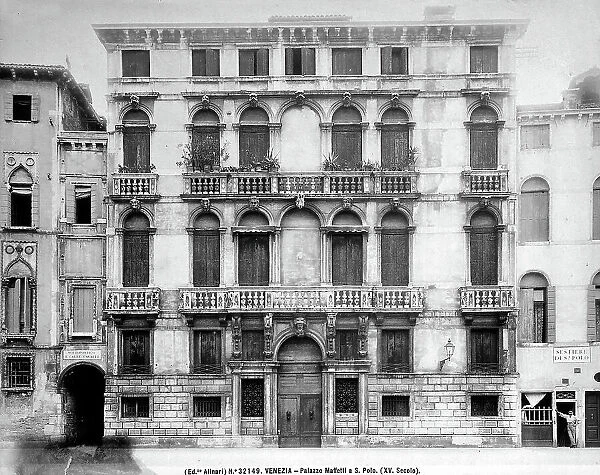 Faade of Palazzo Maffetti-Tiepolo in Campo San Polo, Venice. The building, with ground floor ashlar is characterized by the tight rhythm of the balconies with heads in the key of the arch