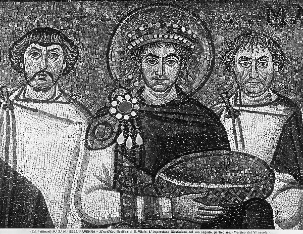 Giustiano followed by officials, soldiers and priests, detail. Byzantine mosaic of the basin's apse of the St.Vitale Basilica in Ravenna