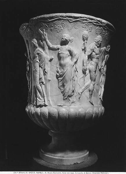 Marble vase decorated with a bas-relief depicting Hermes taking the newly born Dionysus to be nurtured and raised by the Nymphs of Nysa, signed by the author, Salpion, in the National Archaeological Museum of Naples