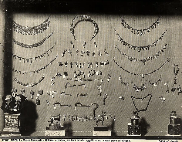 Necklaces, earrings, tiaras and other gold jewelry from the Greek and Etruscan periods. National Archaeological Museum, Naples