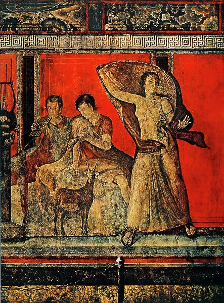 Satyr playing panpipes, Panisca nursing a kid and a terrified fleeing woman; detail of the frescoes on red field of the II style. The Villa of the Mysteries, Pompeii