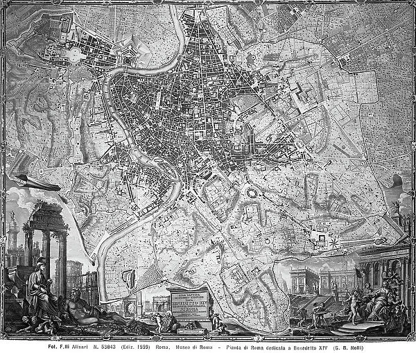 'The new map of Rome' dedicated to Pope Benedict XIV, engraving, Giovan Battista Nolli (1692-1756), National Roman Museum, Terme di Diocleziano, Rome